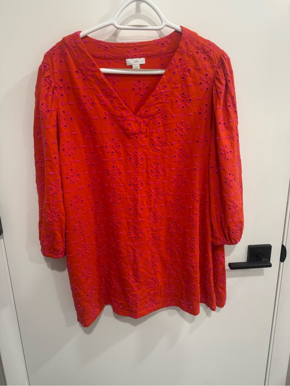 J. Jill Women’s XL Orange Pink Embroidered Eyelet V-Neck 3/4 Sleeve Tunic